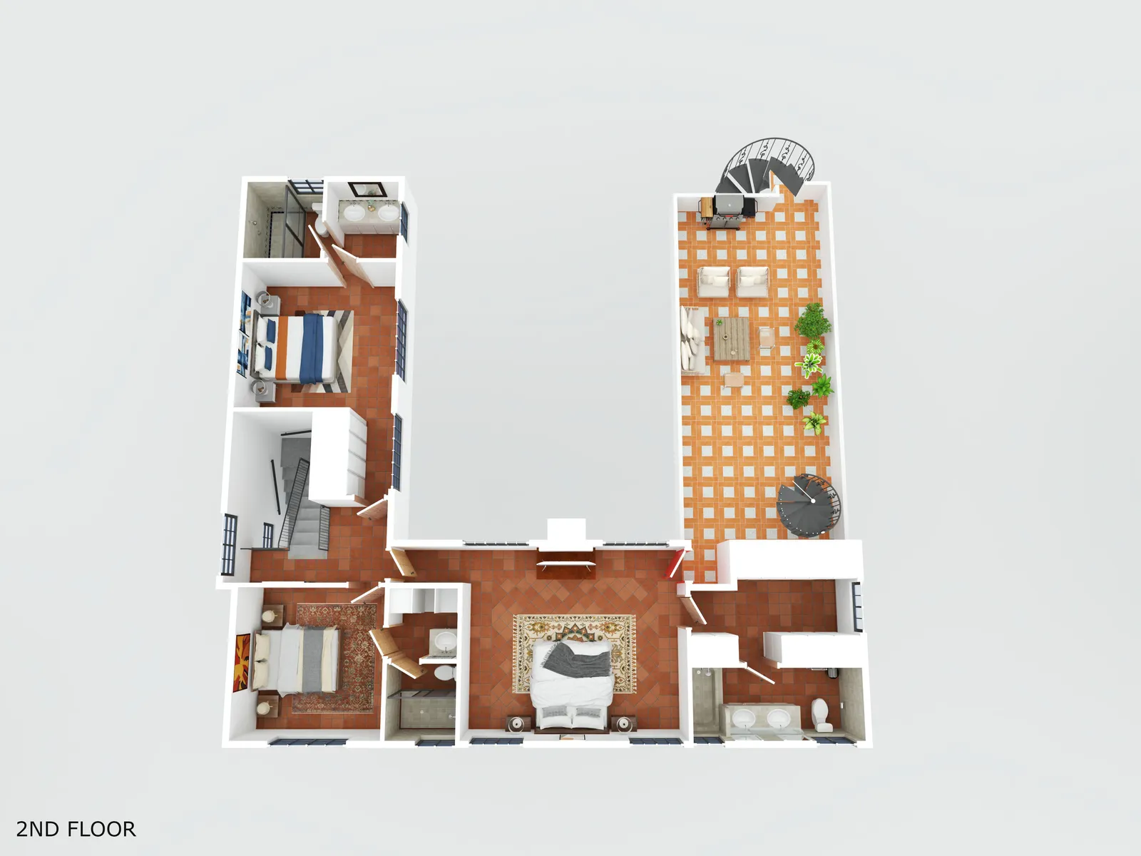 3D rendered floor plan of the second floor